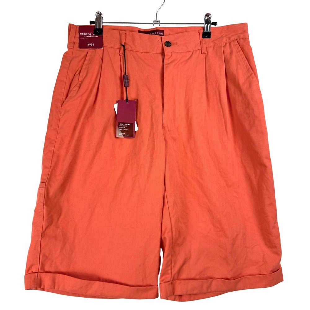 George Martin Shorts W34 Orange Pleated Cuffed Cotton Preppy Coastal Summer NWT